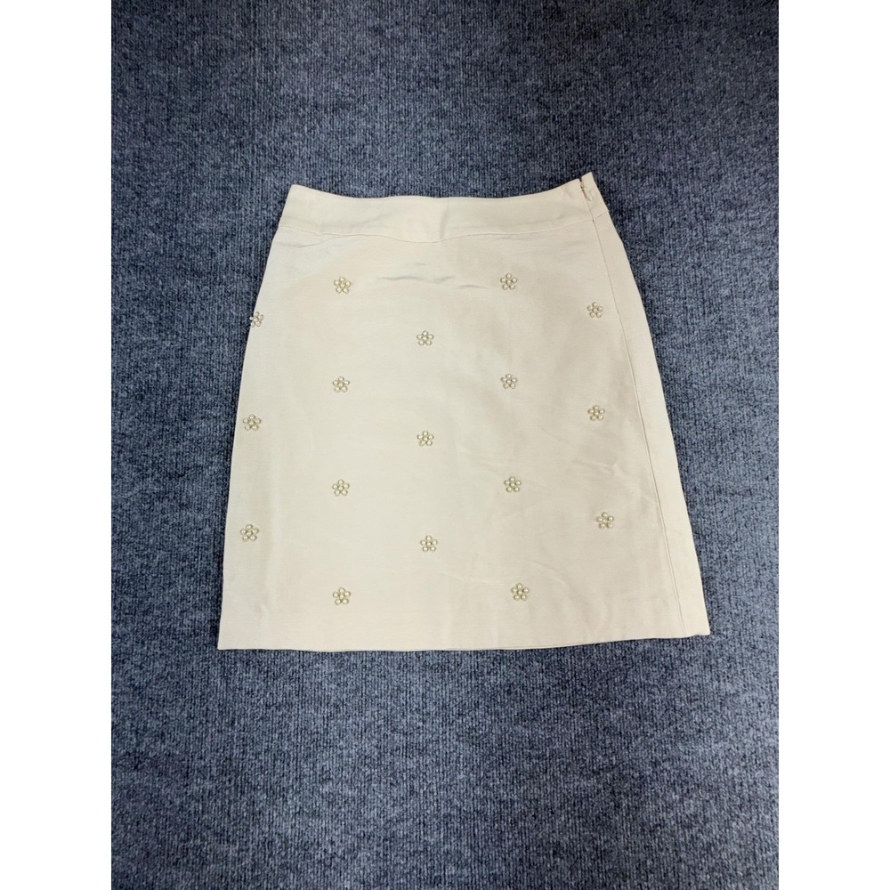 Talbots Skirt Womens Petite 2P White Beaded Floral Twill Pencil Lined Dressy